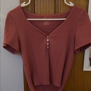American Eagle Outfitters Ribbed V-Neck Top - Brick Red